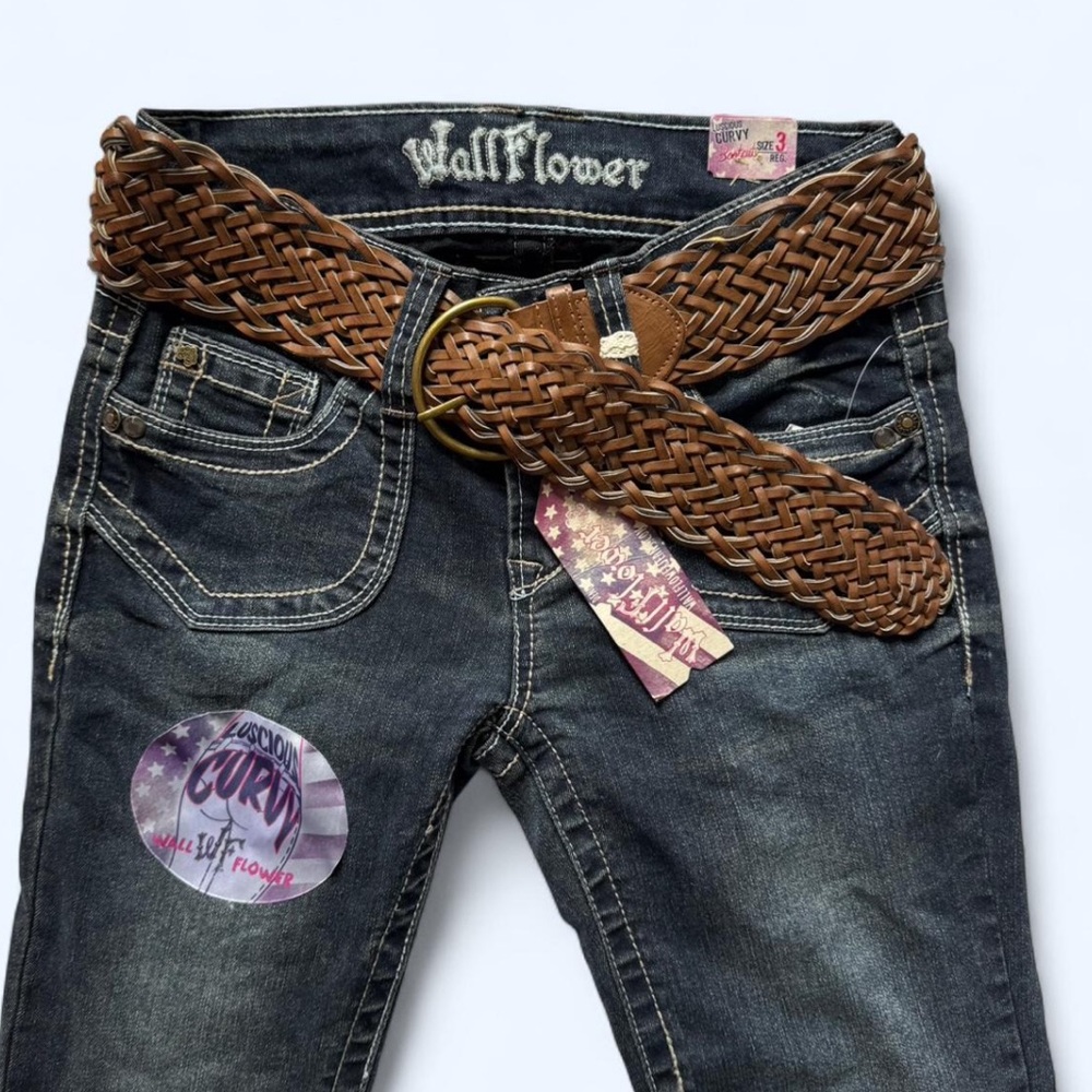 Wallflower Dark Wash Bootcut Jeans with Brown Braided Belt